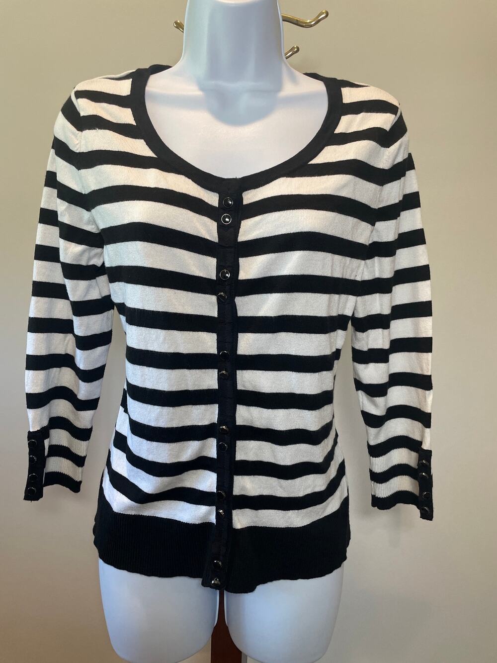 White House Black Market Striped Cardigan Size M Black White